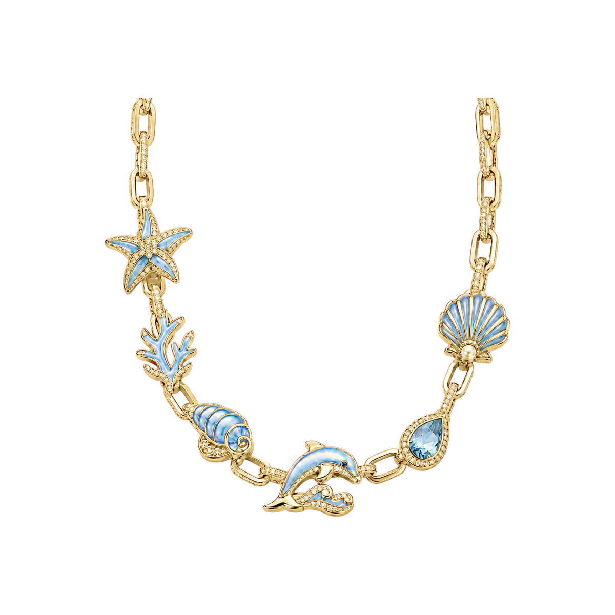 Gold Tidal Reliquary Necklace with ocean charms