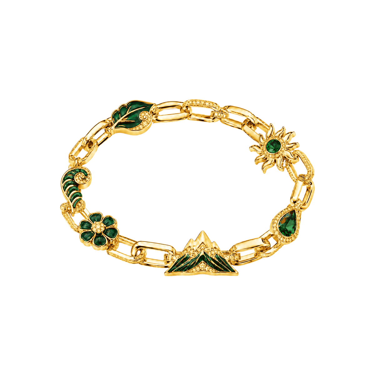 Gold Verdant Reliquary Bracelet with green mountain and nature charms