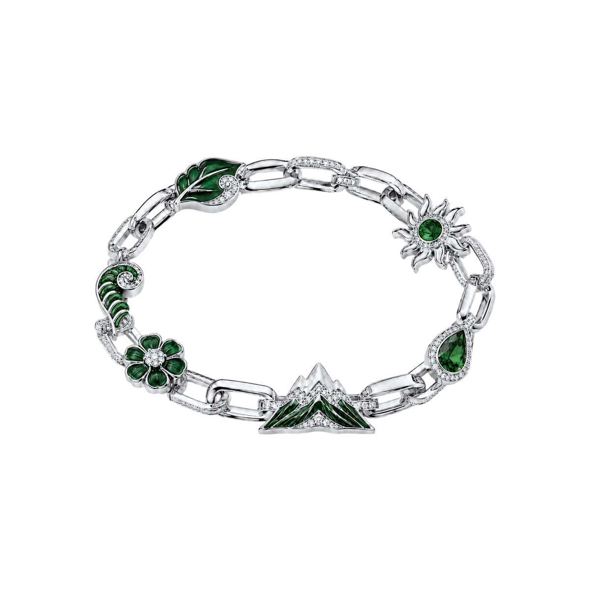 Silver Verdant Reliquary Bracelet with green mountain and nature charms