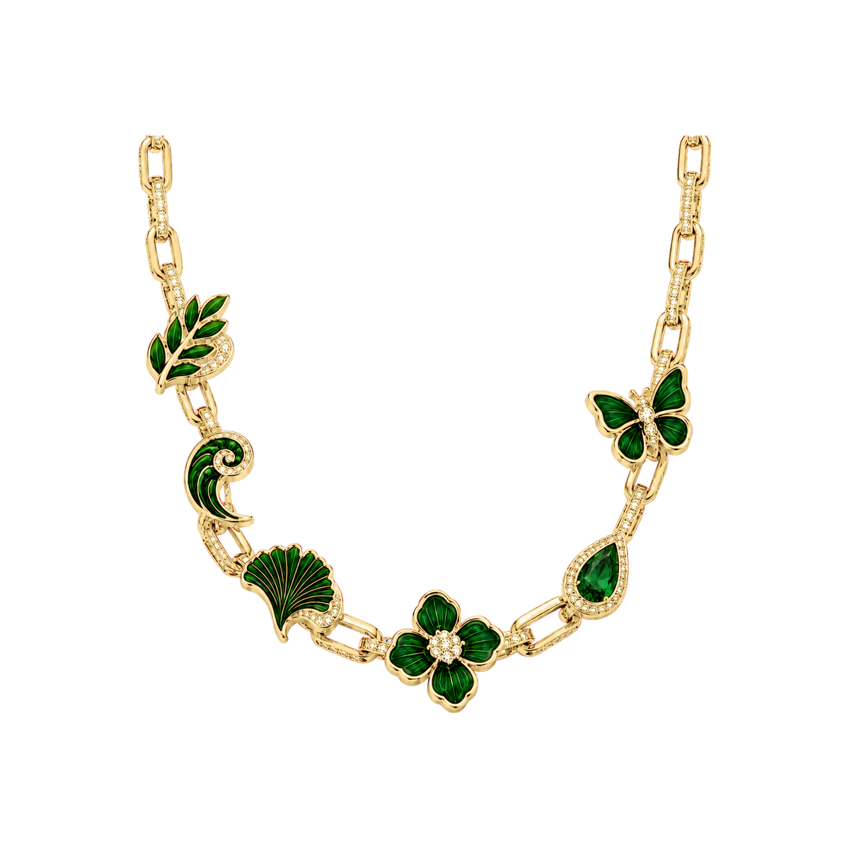 Gold Verdant Reliquary Necklace with green nature charms