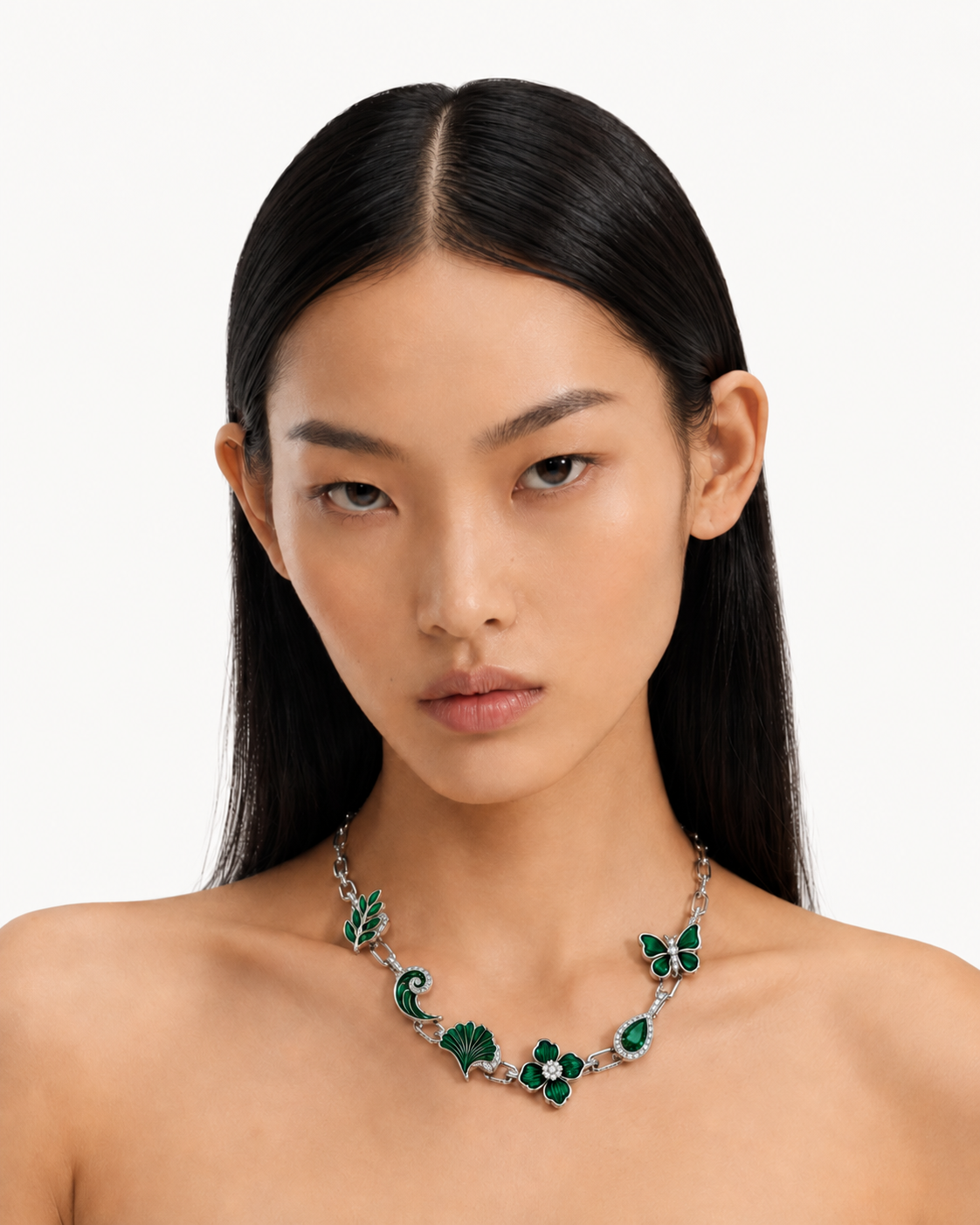 Model wearing the Verdant Reliquary Necklace in a clean studio portrait