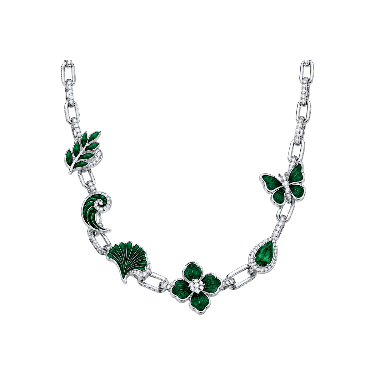 Silver Verdant Reliquary Necklace with green nature charms
