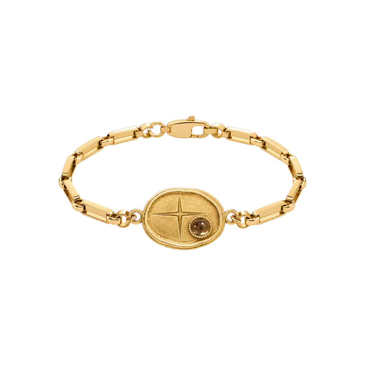 Gold Votive Seal Bracelet with engraved solar medallion and smoky stone