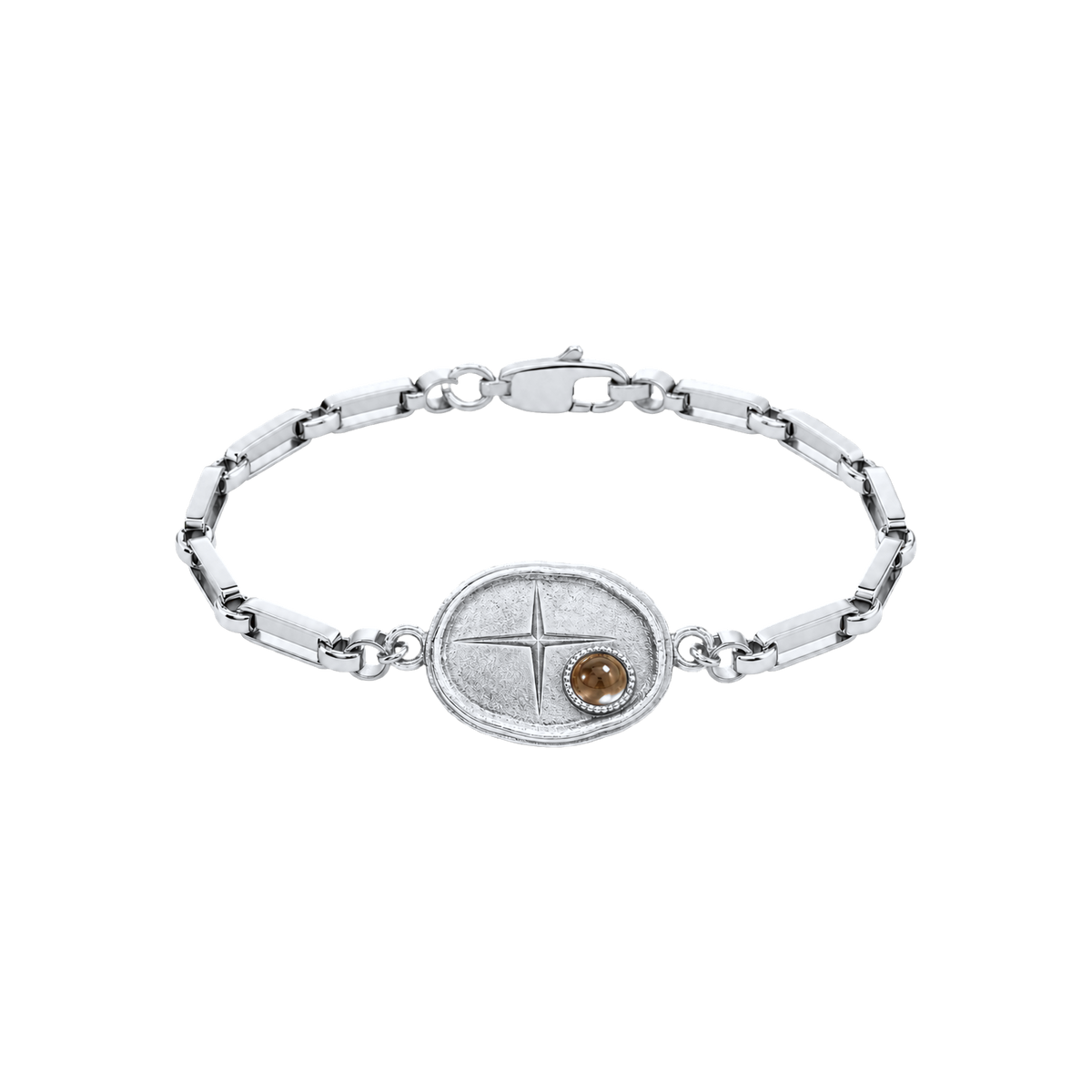 Silver Votive Seal Bracelet with engraved solar medallion and smoky stone